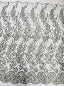 3D Floral Leaf Line Panels - Gray - 3D Embroidered Flower Lines with Pearls on Lace By Yard