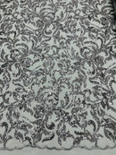Floral Leaf Bead Fabric - Gray - Leaf Design Shiny Beads and Sequins on Lace Mesh by Yard