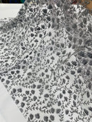 Small Glitter Flower Fabric - Gray - Shimmer Glitter Flower Design on Mesh Lace By The Yard