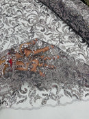 Floral Leaf Bead Fabric - Gray - Leaf Design Shiny Beads and Sequins on Lace Mesh by Yard
