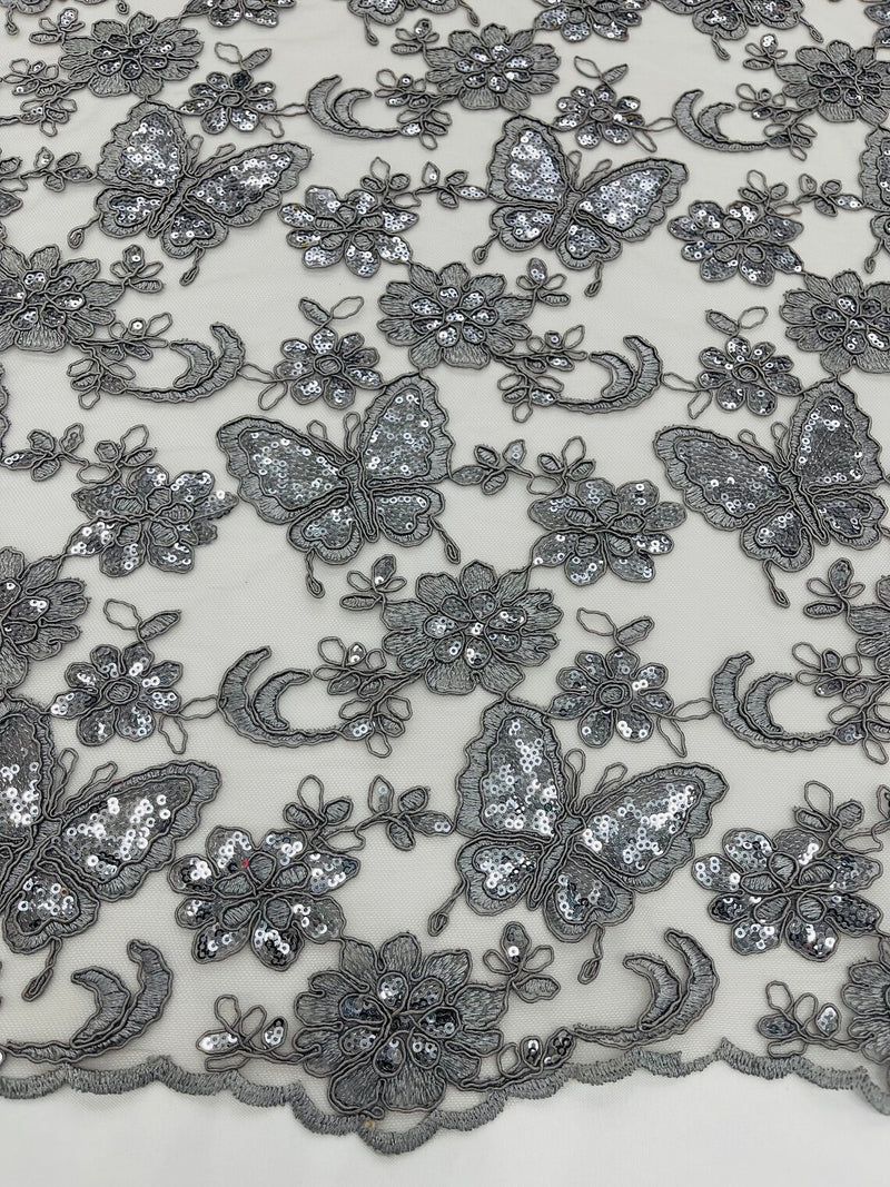 Butterfly Floral Lace Fabric - Gray - Butterfly Flower Metallic Design on Lace Fabric By Yard