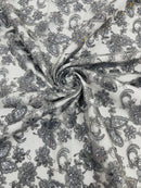 Butterfly Floral Lace Fabric - Gray - Butterfly Flower Metallic Design on Lace Fabric By Yard