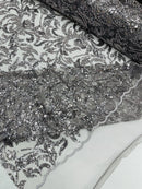 Floral Leaf Bead Fabric - Gray - Leaf Design Shiny Beads and Sequins on Lace Mesh by Yard