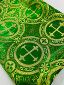 58/60" Cross Brocade Fabric - Green / Gold - Religious Church Vestment Cross Jacquard Fabric By Yard