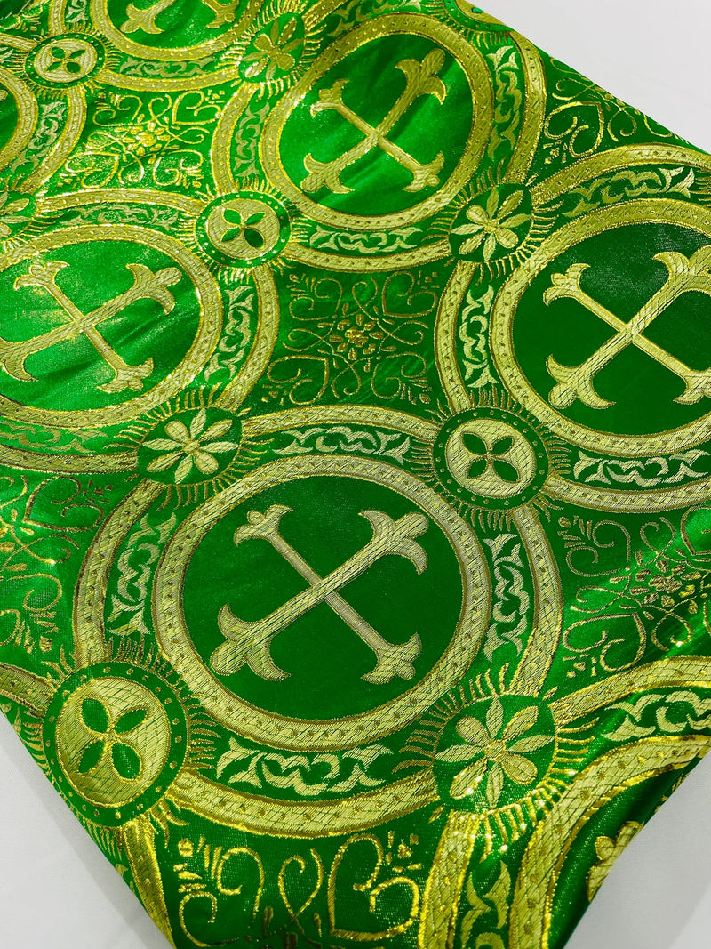 58/60" Cross Brocade Fabric - Green / Gold - Religious Church Vestment Cross Jacquard Fabric By Yard