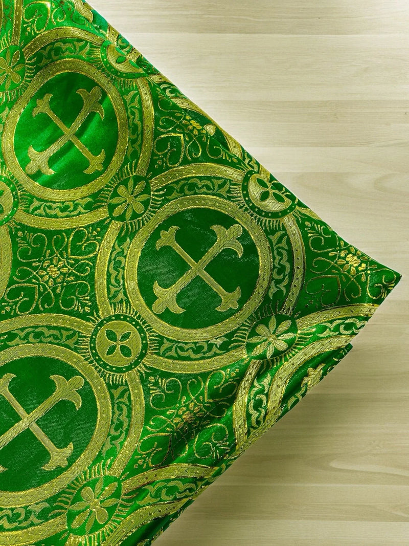 58/60" Cross Brocade Fabric - Green / Gold - Religious Church Vestment Cross Jacquard Fabric By Yard