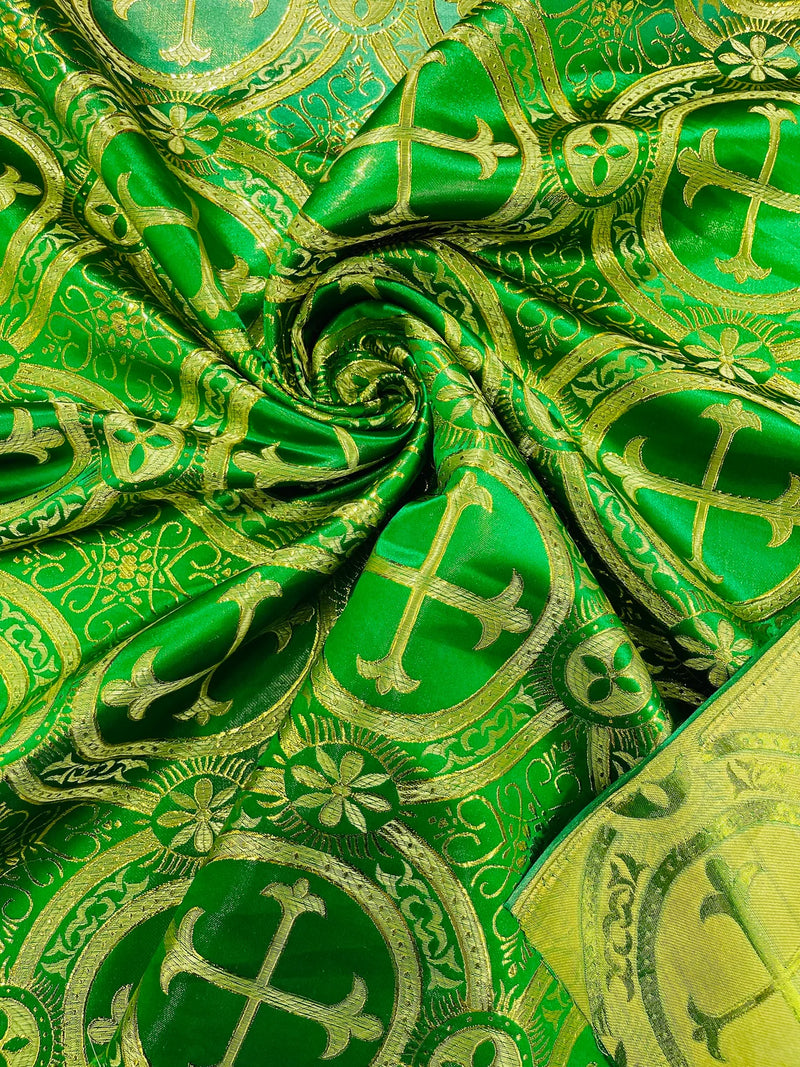 58/60" Cross Brocade Fabric - Green / Gold - Religious Church Vestment Cross Jacquard Fabric By Yard