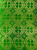 58/60" Cross Brocade Fabric - Green / Gold - Religious Church Vestment Cross Jacquard Fabric By Yard