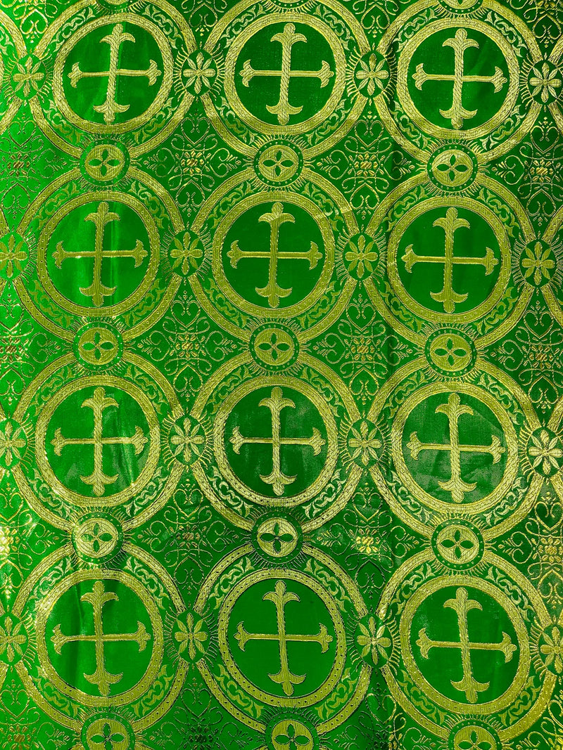 58/60" Cross Brocade Fabric - Green / Gold - Religious Church Vestment Cross Jacquard Fabric By Yard