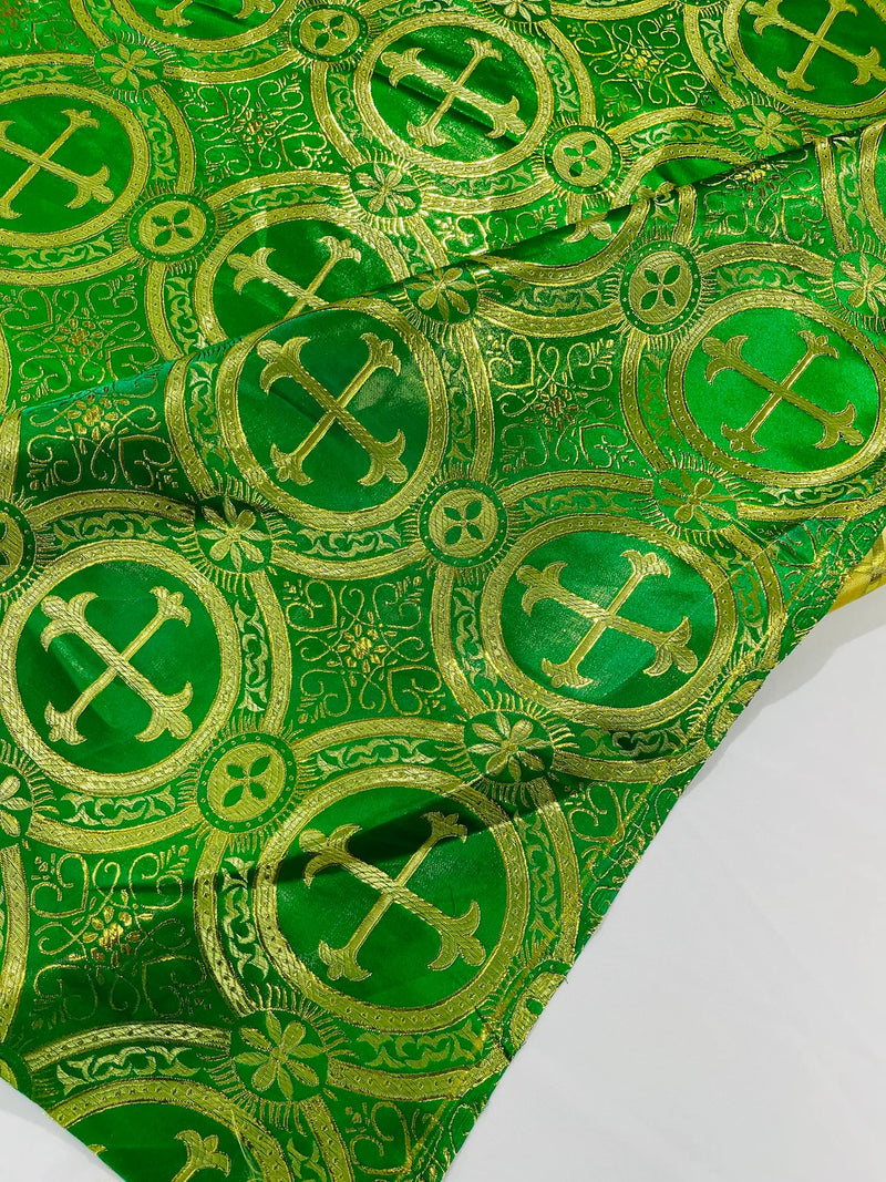 58/60" Cross Brocade Fabric - Green / Gold - Religious Church Vestment Cross Jacquard Fabric By Yard