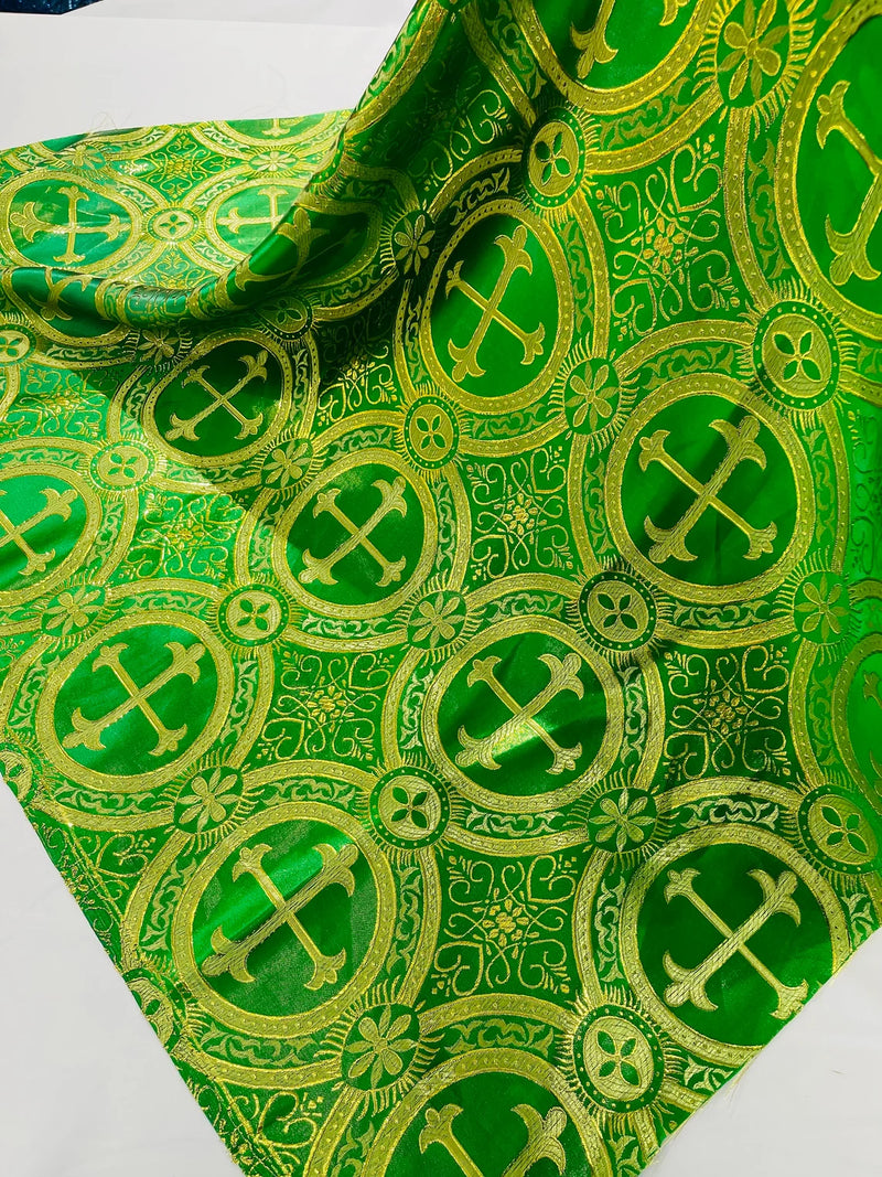 58/60" Cross Brocade Fabric - Green / Gold - Religious Church Vestment Cross Jacquard Fabric By Yard