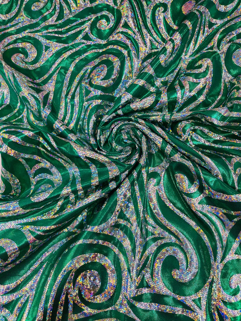 Tribal Swirl Design Spandex - Green / Silver - 4 Way Stretch Milliskin Holographic Fabric by Yard