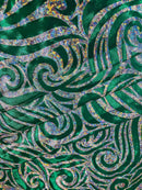 Tribal Swirl Design Spandex - Green / Silver - 4 Way Stretch Milliskin Holographic Fabric by Yard
