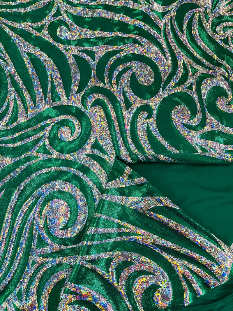 Tribal Swirl Design Spandex - Green / Silver - 4 Way Stretch Milliskin Holographic Fabric by Yard