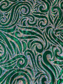 Tribal Swirl Design Spandex - Green / Silver - 4 Way Stretch Milliskin Holographic Fabric by Yard