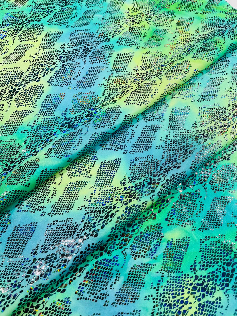 Cobra Spandex Foil Fabric - Green / Yellow Iridescent - Foiled Snake Cobra Design on Tie Dye Spandex Fabric By Yard