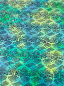 Cobra Spandex Foil Fabric - Green / Yellow Iridescent - Foiled Snake Cobra Design on Tie Dye Spandex Fabric By Yard
