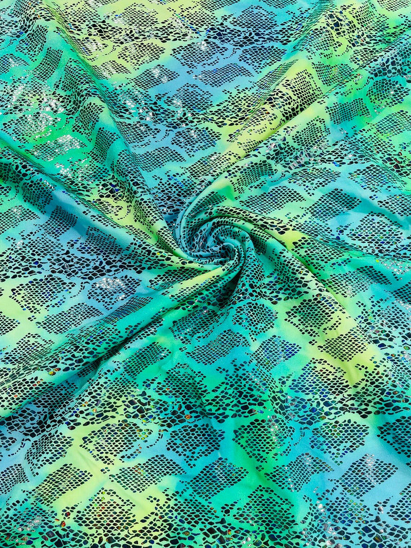 Cobra Spandex Foil Fabric - Green / Yellow Iridescent - Foiled Snake Cobra Design on Tie Dye Spandex Fabric By Yard