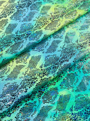 Cobra Spandex Foil Fabric - Green / Yellow Iridescent - Foiled Snake Cobra Design on Tie Dye Spandex Fabric By Yard