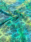 Cobra Spandex Foil Fabric - Green / Yellow Iridescent - Foiled Snake Cobra Design on Tie Dye Spandex Fabric By Yard