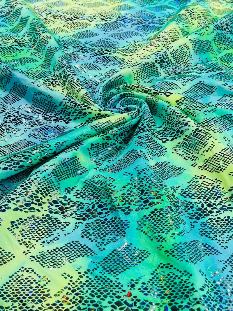 Cobra Spandex Foil Fabric - Green / Yellow Iridescent - Foiled Snake Cobra Design on Tie Dye Spandex Fabric By Yard