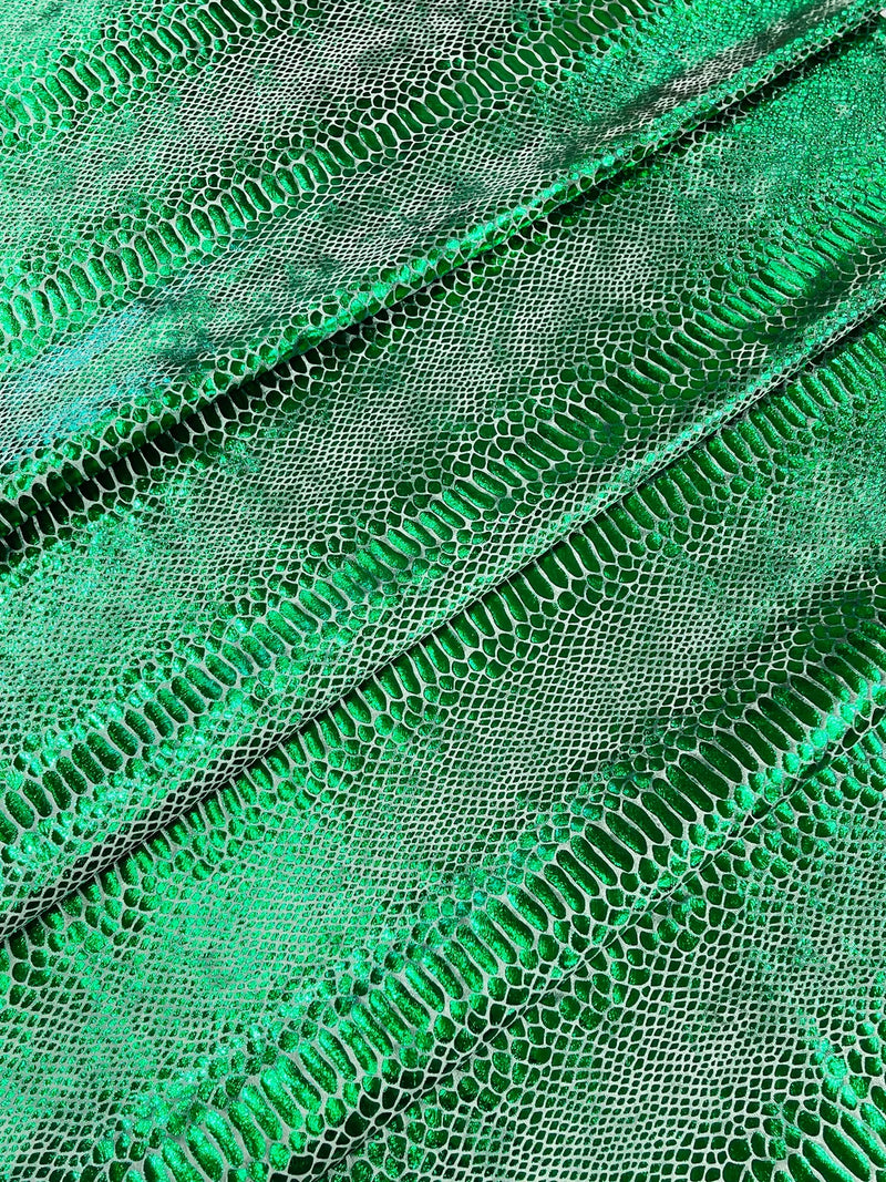 Anaconda Foil Velvet - Green - Shiny Foil Velvet Anaconda Snake Print Fabric Sold By The Yard