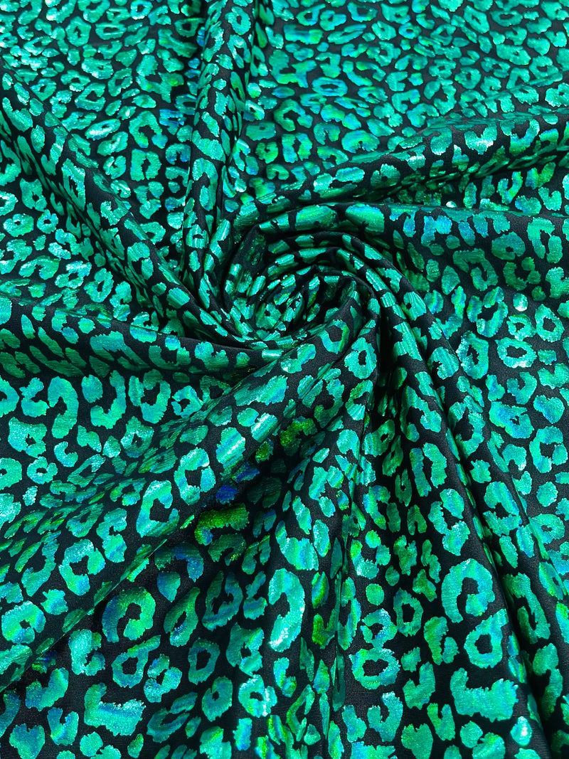 Cheetah Print Spandex Fabric - Green - Mystique 4 Way Stretch Foil Fabric 58/60" By Yard
