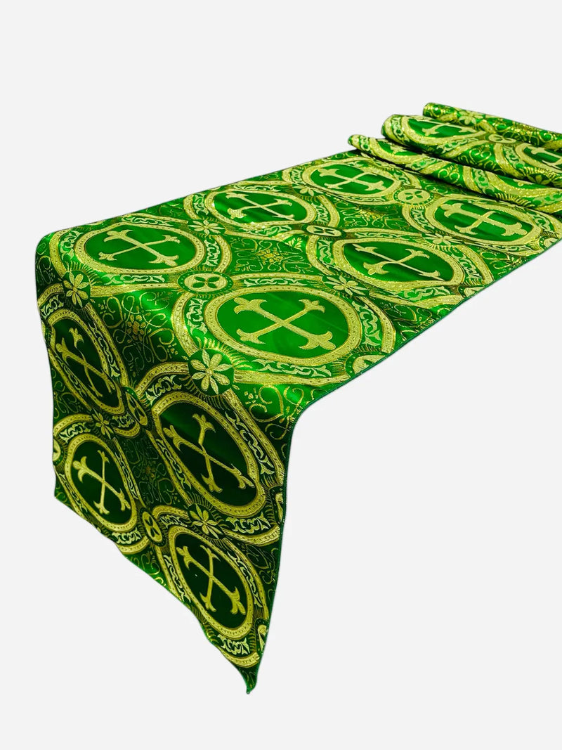 Cross Print Brocade Table Runners - Jacquard Religious Print Church Fabric Tablecloth Runners