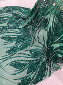 Wavy Leaf Design Fabric - Green - 4 Way Stretch Sequins Lace Mesh Leaf Design Fabric by Yard