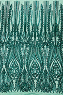 Mermaid Design Fabric - Green - 4 Way Stretch Sequins Fabric on Lace Mesh Sold By Yard