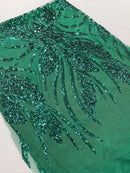 Wavy Leaf Design Fabric - Green - 4 Way Stretch Sequins Lace Mesh Leaf Design Fabric by Yard