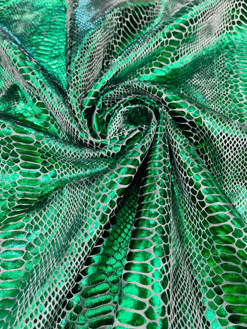 Anaconda Foil Velvet - Green - Shiny Foil Velvet Anaconda Snake Print Fabric Sold By The Yard