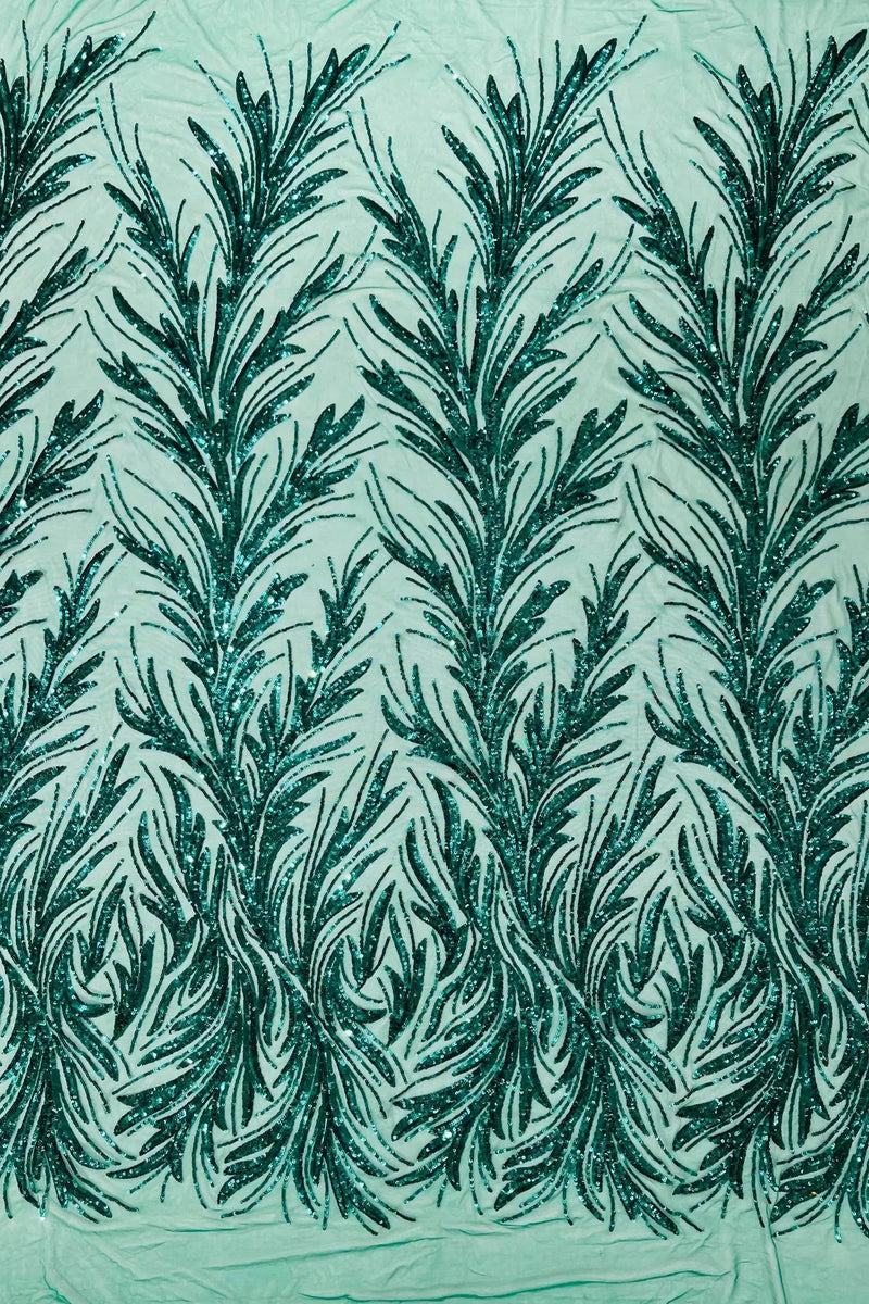 Leaf Stretch Sequins Fabric - Green - 4 Way Stretch Sequins on Lace Mesh Fabric by Yard