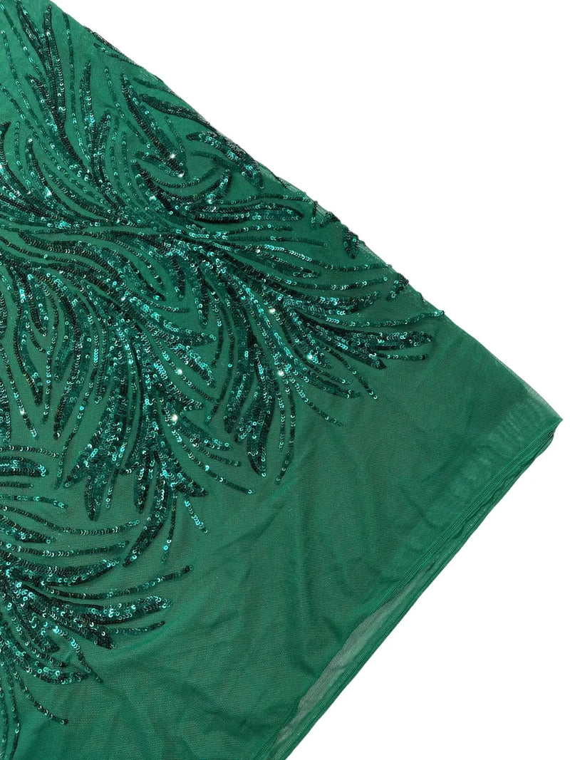 Leaf Stretch Sequins Fabric - Green - 4 Way Stretch Sequins on Lace Mesh Fabric by Yard