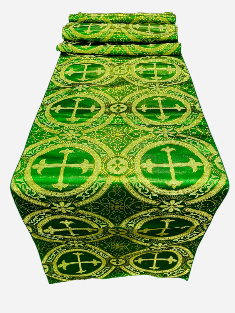 Cross Print Brocade Table Runners - Jacquard Religious Print Church Fabric Tablecloth Runners