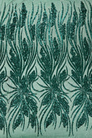 Wavy Leaf Design Fabric - Green - 4 Way Stretch Sequins Lace Mesh Leaf Design Fabric by Yard