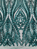 Mermaid Design Fabric - Green - 4 Way Stretch Sequins Fabric on Lace Mesh Sold By Yard
