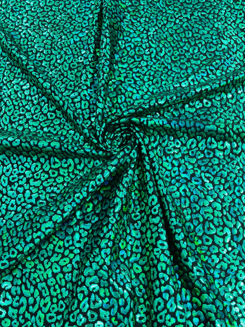 Cheetah Print Spandex Fabric - Green - Mystique 4 Way Stretch Foil Fabric 58/60" By Yard