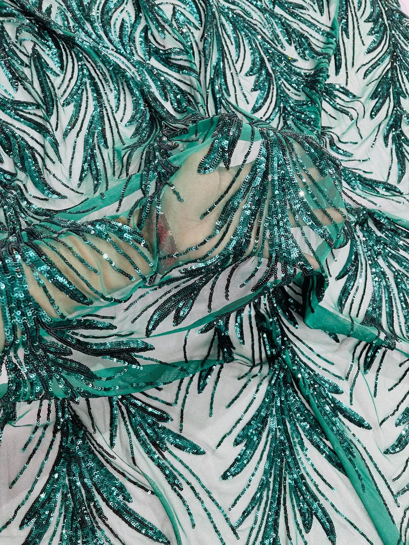 Leaf Stretch Sequins Fabric - Green - 4 Way Stretch Sequins on Lace Mesh Fabric by Yard