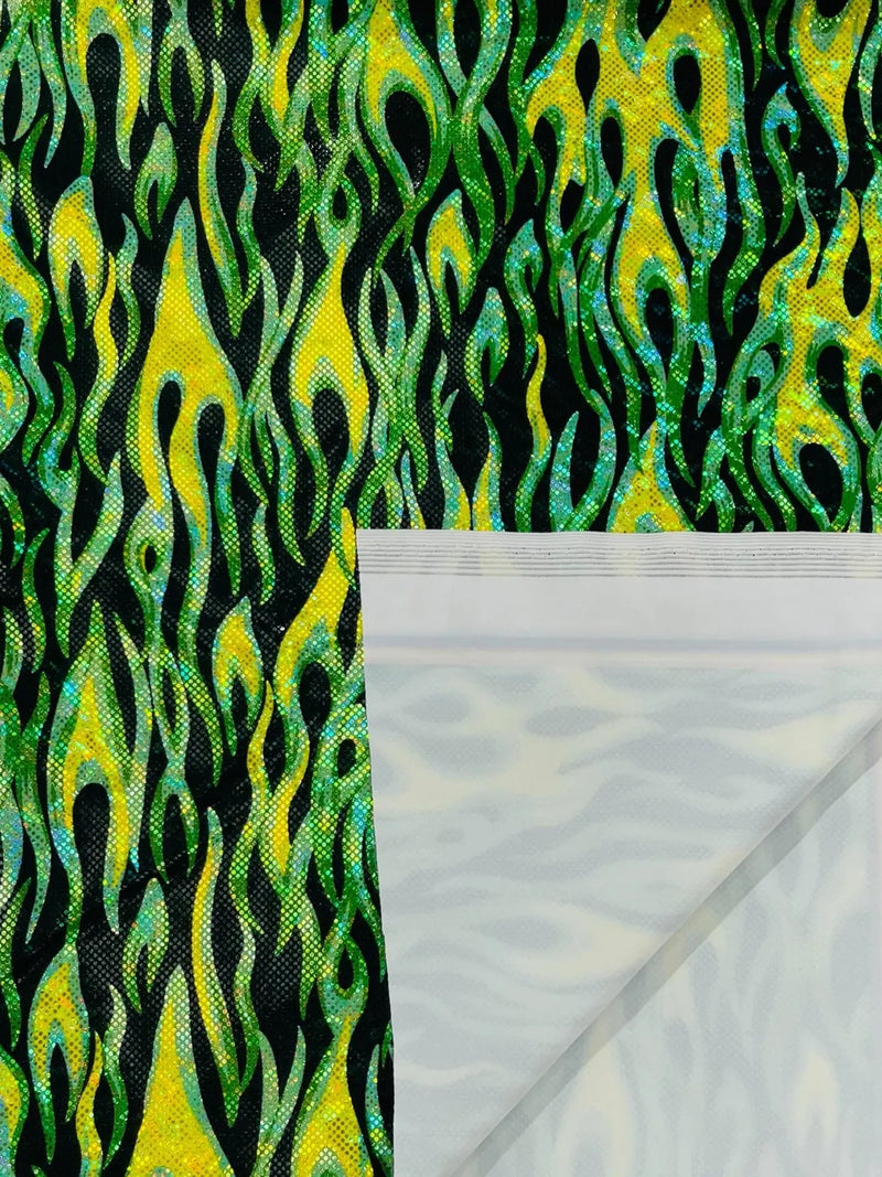 Holographic Fire Flame Spandex - Lime Green - Poly Spandex Stretch Fire Flame Print Fabric By Yard