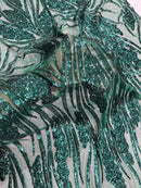 Wavy Leaf Design Fabric - Green - 4 Way Stretch Sequins Lace Mesh Leaf Design Fabric by Yard