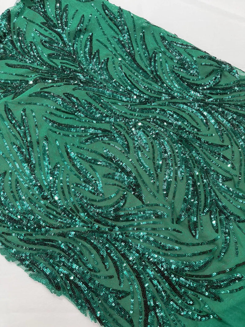 Leaf Stretch Sequins Fabric - Green - 4 Way Stretch Sequins on Lace Mesh Fabric by Yard