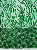 Plant Design Bead Fabric - Green - Geometric Mirror Bead Handmade Design with Rhinestones By Yard