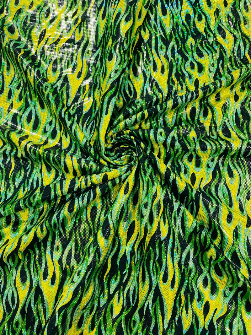 Holographic Fire Flame Spandex - Lime Green - Poly Spandex Stretch Fire Flame Print Fabric By Yard