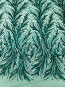 Leaf Stretch Sequins Fabric - Green - 4 Way Stretch Sequins on Lace Mesh Fabric by Yard