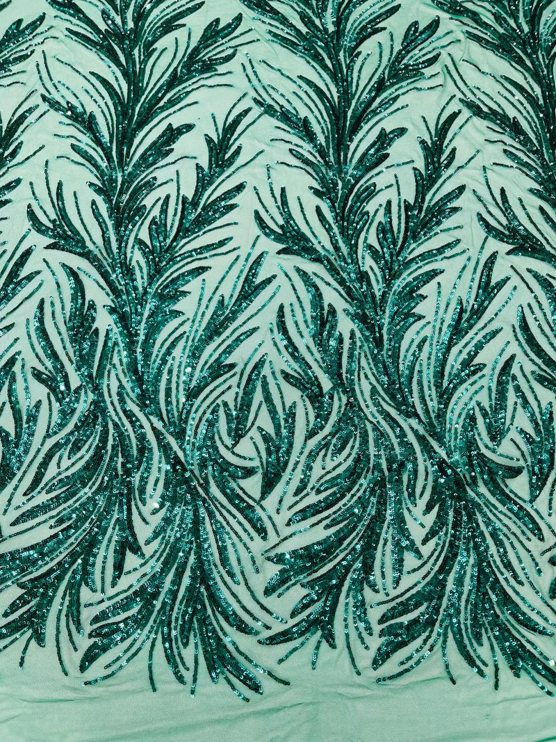 Leaf Stretch Sequins Fabric - Green - 4 Way Stretch Sequins on Lace Mesh Fabric by Yard