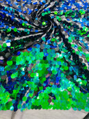 Circle Paillette Sequins - Iridescent Green - Large Round Paillette Sequins Design Fabric By Yard