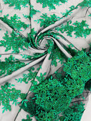 Metallic Floral Lace Fabric - Green on Black Mesh  - Beautiful Floral Sequins on Lace Fabric By Yard