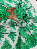 Metallic Floral Lace Fabric - Green on Black Mesh  - Beautiful Floral Sequins on Lace Fabric By Yard