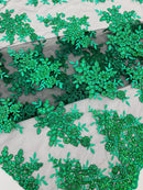 Metallic Floral Lace Fabric - Green on Black Mesh  - Beautiful Floral Sequins on Lace Fabric By Yard